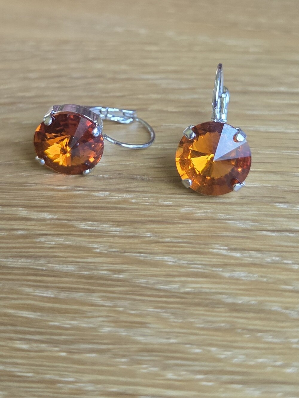 Silver Leverback Earrings with Amber Crystal Drops | Handmade - Picture 7 of 9